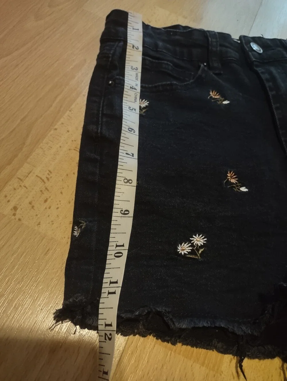 Angel Kiss Black Denim Shorts with White & Yellow Floral Embroidery